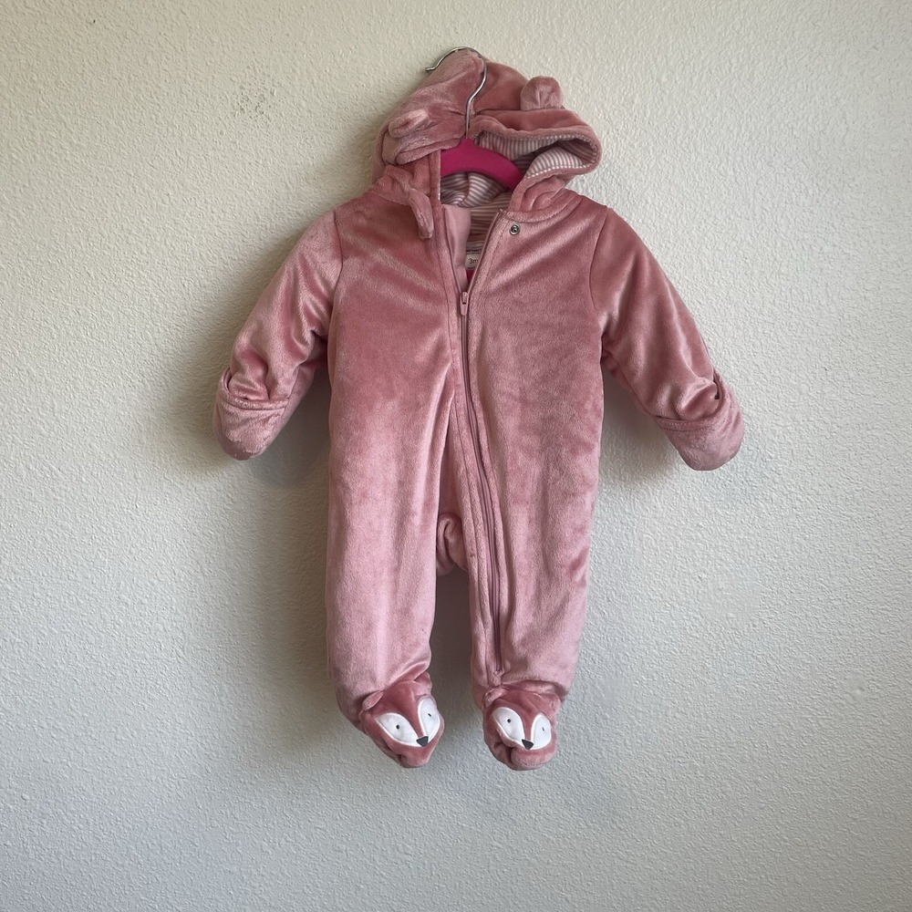 Carters Size 3 Months Baby Fox Fleece Plush One Piece Suit Zip Up Hood Feet Pink